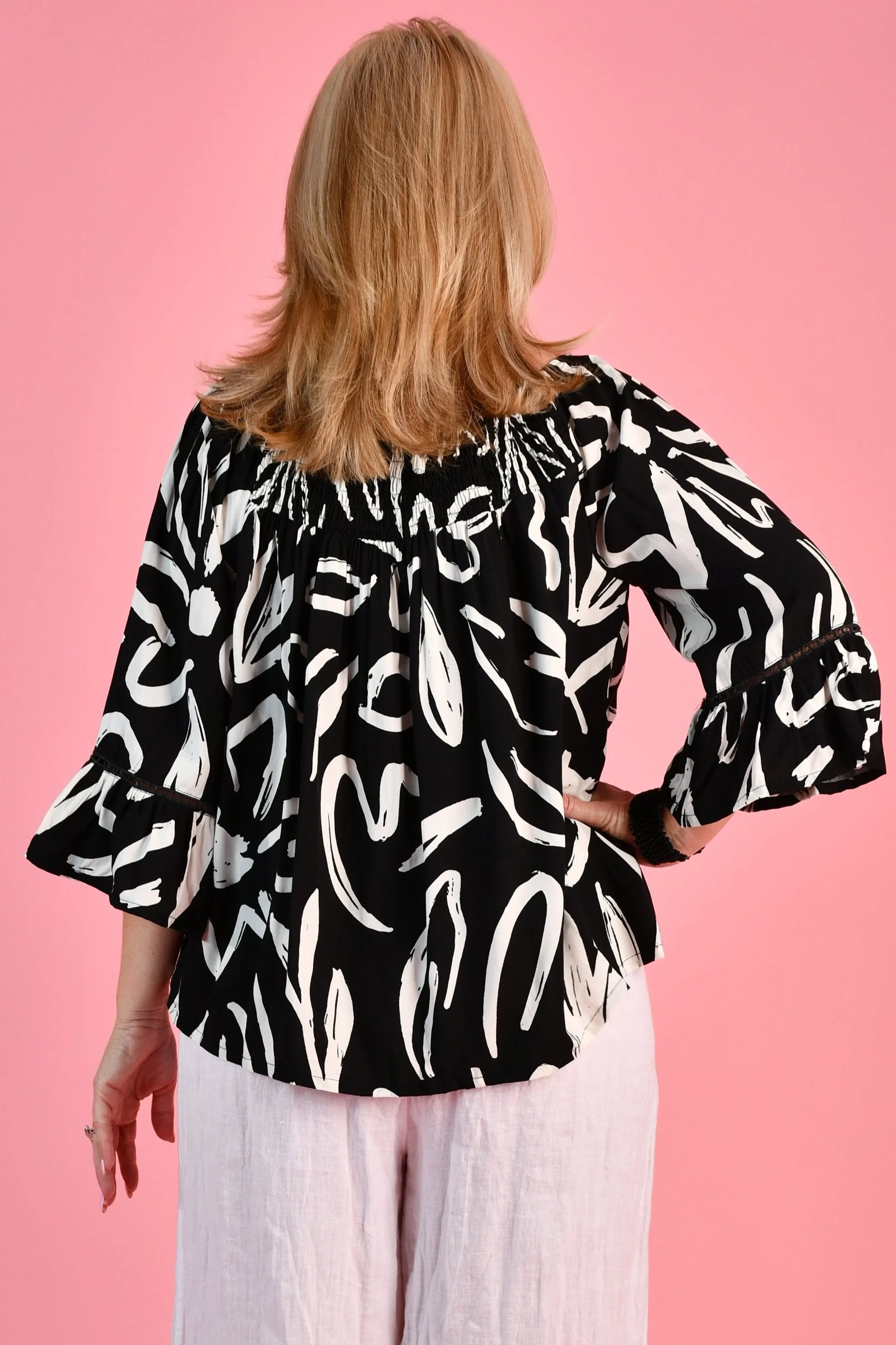 VBLT113 - ROUCHED BELL SLEEVE TOP - PICASSO'S GARDEN BLACK