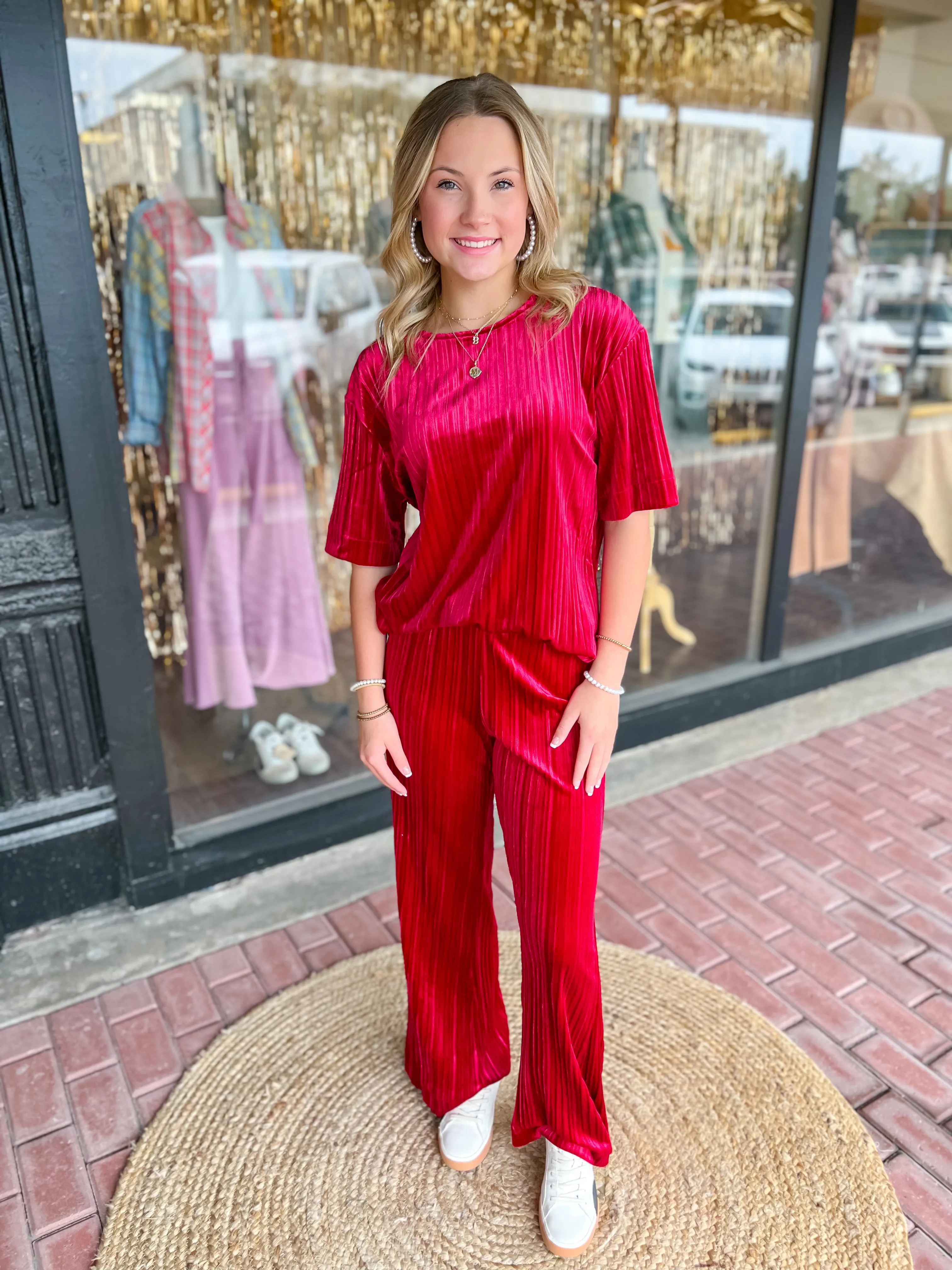 Velvet Pleated Pants-Red