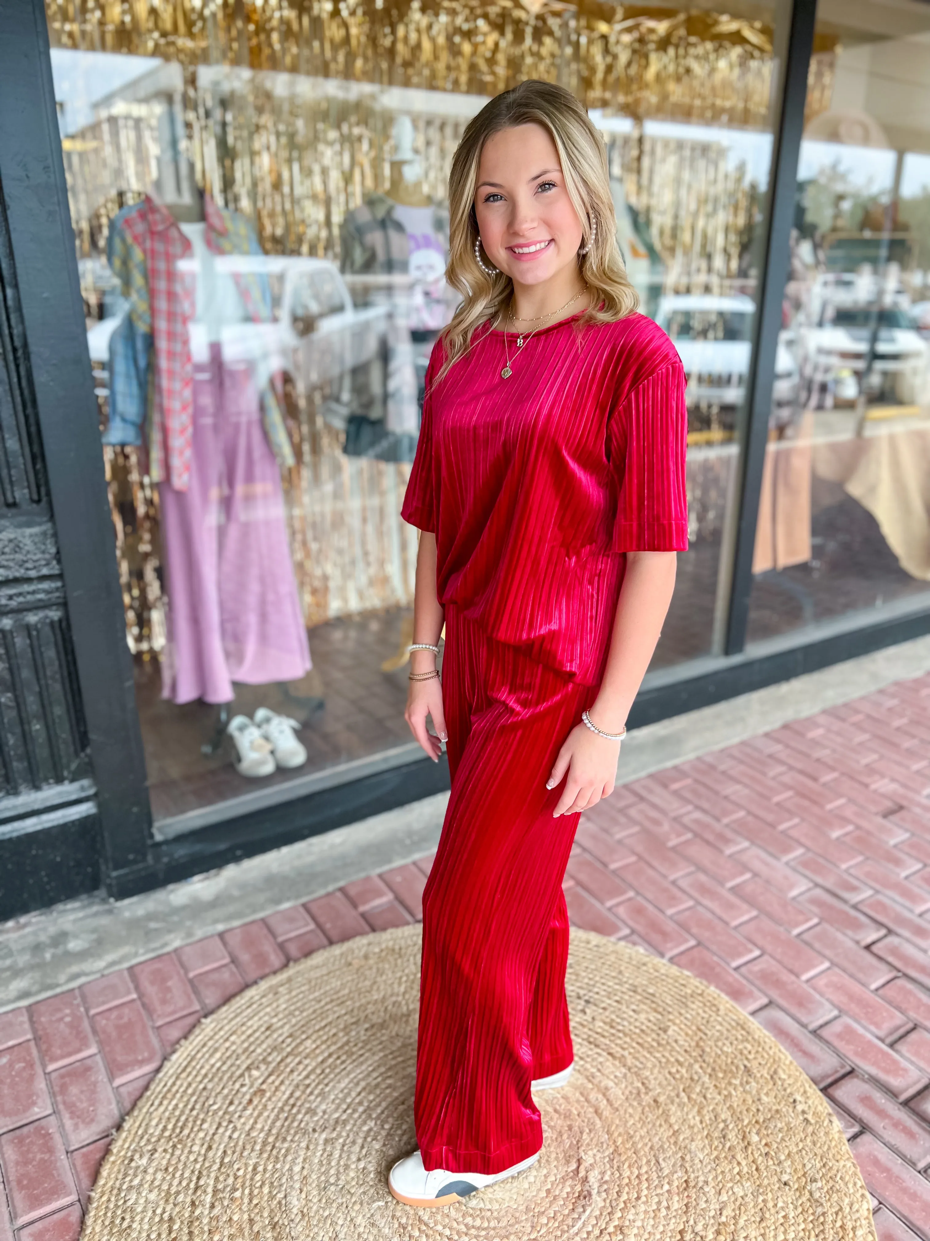 Velvet Pleated Pants-Red