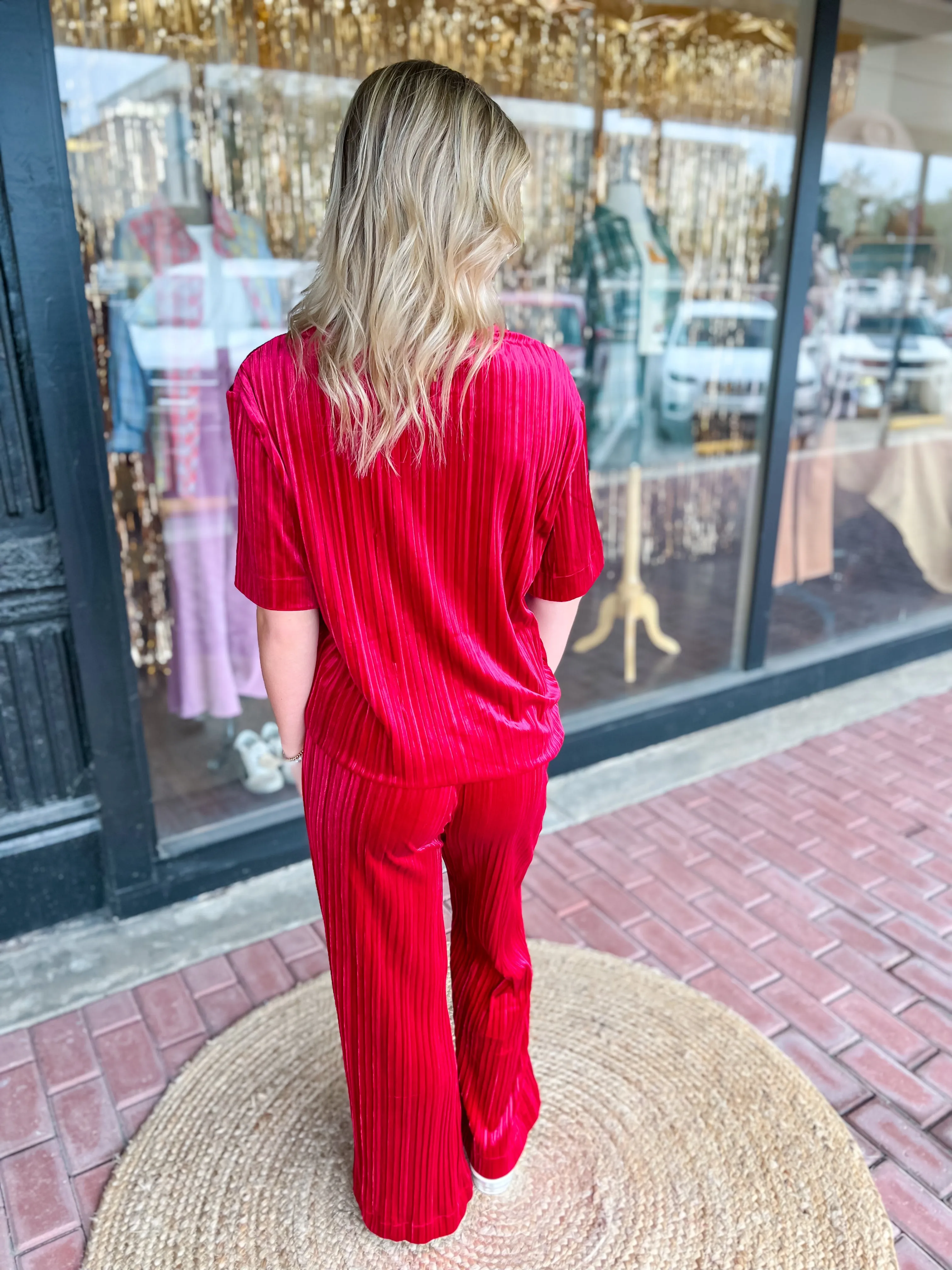 Velvet Pleated Pants-Red