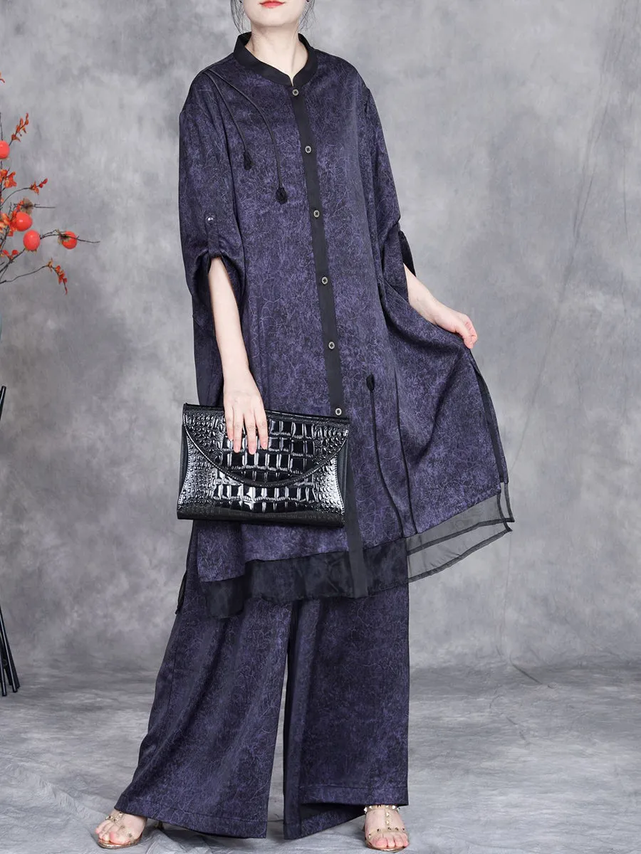 Women Summer Artsy Spliced Loose Button-up Shirt Pants OP1005