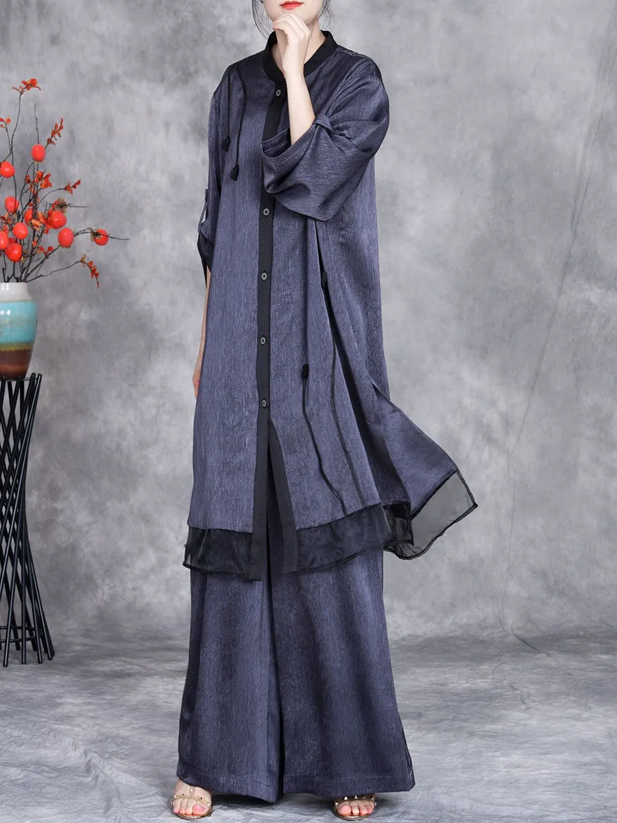 Women Summer Artsy Spliced Loose Button-up Shirt Pants OP1005