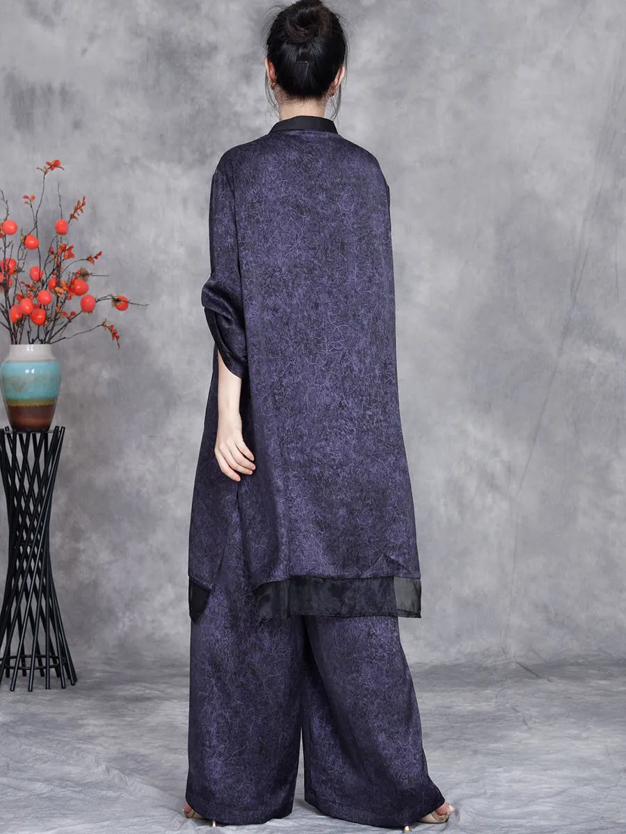 Women Summer Artsy Spliced Loose Button-up Shirt Pants OP1005