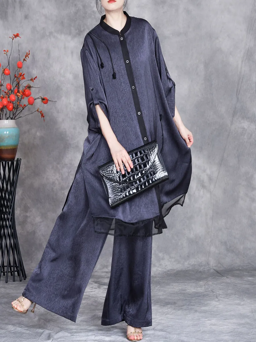Women Summer Artsy Spliced Loose Button-up Shirt Pants OP1005
