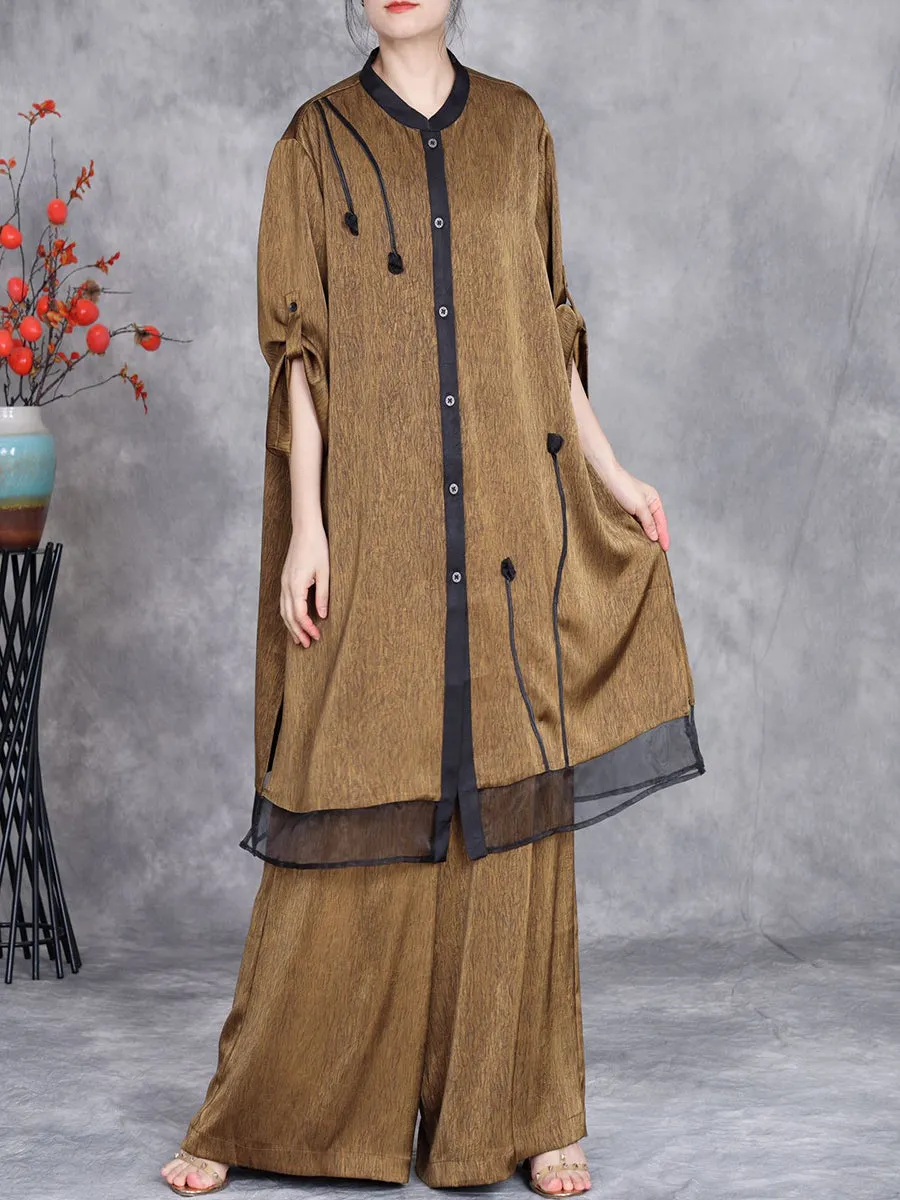 Women Summer Artsy Spliced Loose Button-up Shirt Pants OP1005