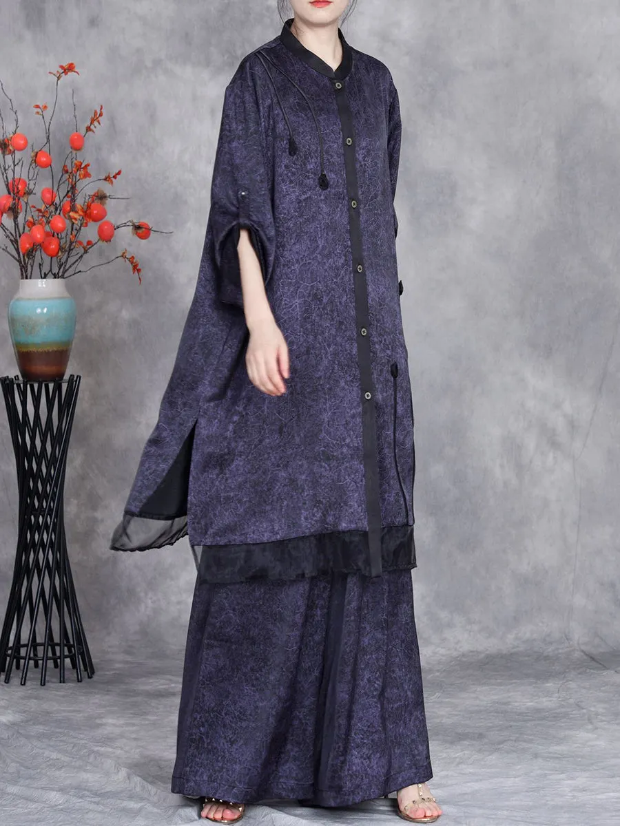 Women Summer Artsy Spliced Loose Button-up Shirt Pants OP1005