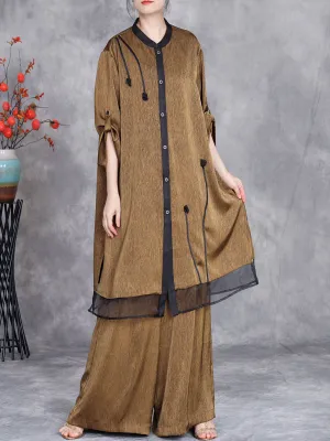 Women Summer Artsy Spliced Loose Button-up Shirt Pants OP1005