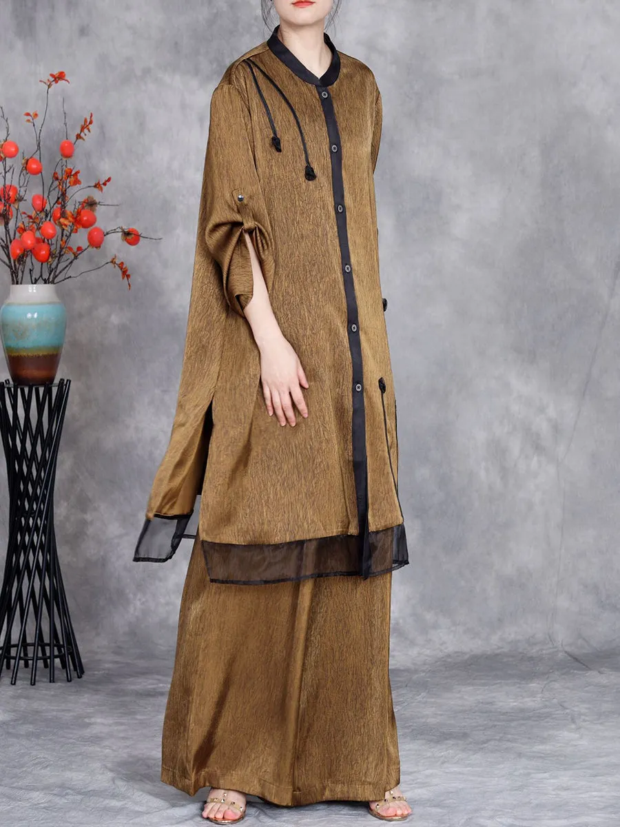 Women Summer Artsy Spliced Loose Button-up Shirt Pants OP1005