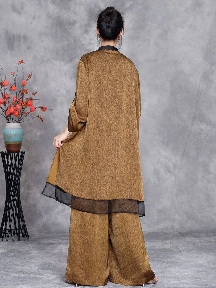 Women Summer Artsy Spliced Loose Button-up Shirt Pants OP1005