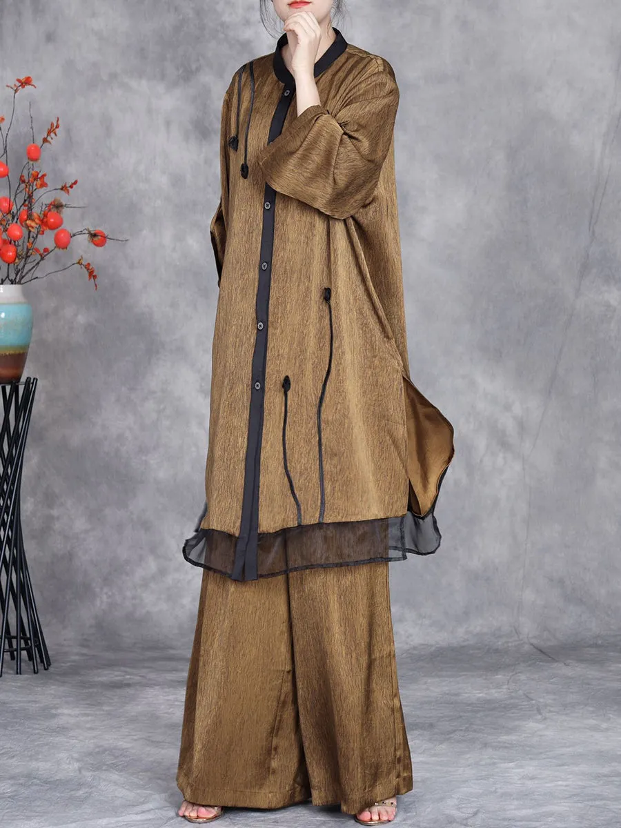 Women Summer Artsy Spliced Loose Button-up Shirt Pants OP1005