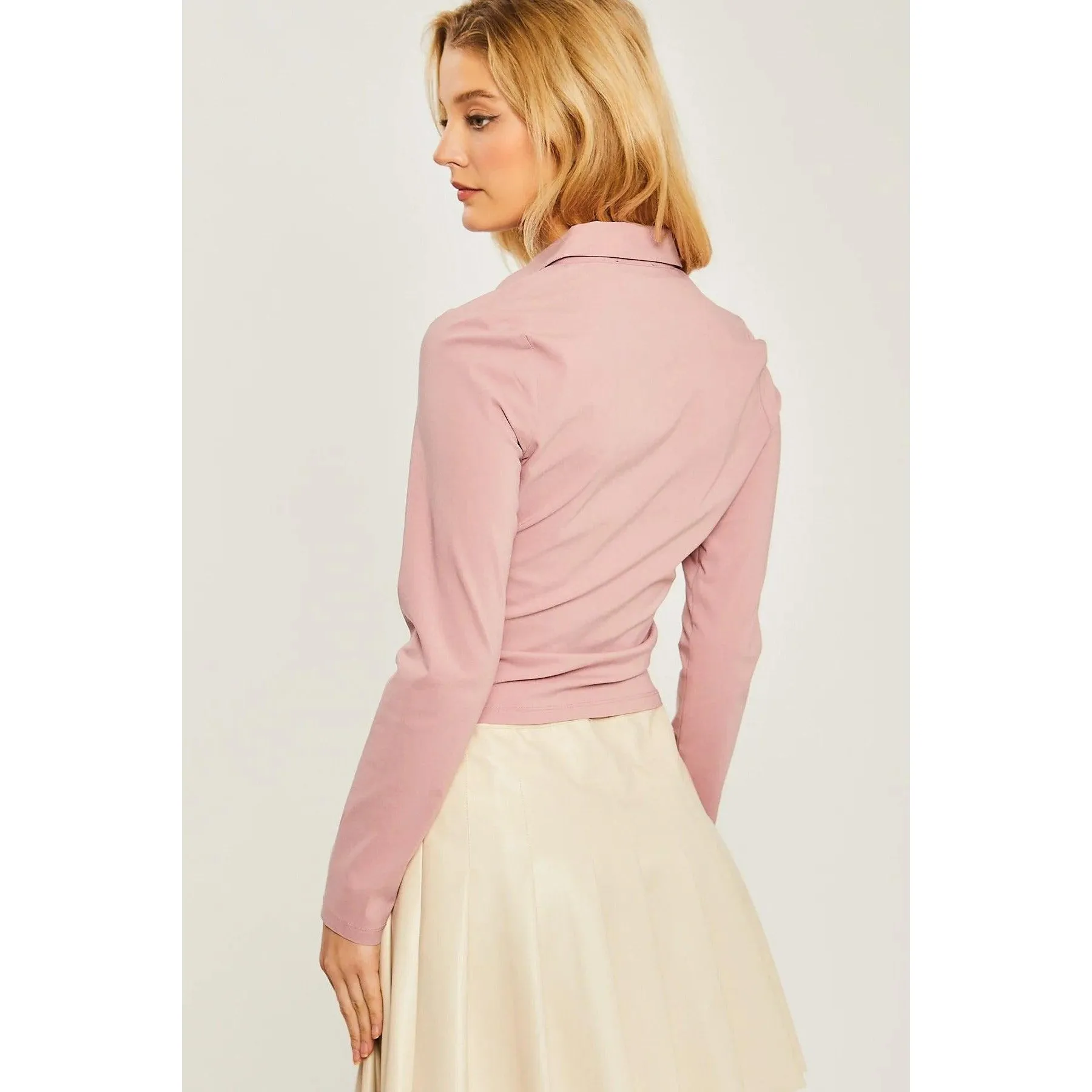 Woven Solid Ruched Front Long Sleeve